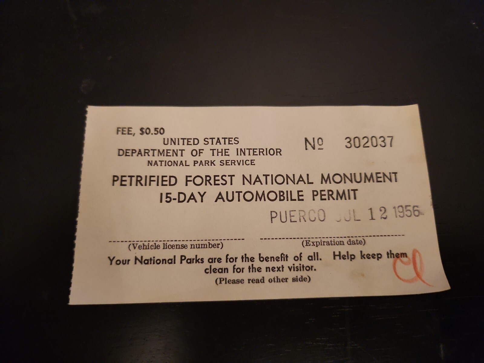 1956 PETRIFIED FOREST NATIONAL PARK Automobile Permit Ephemera