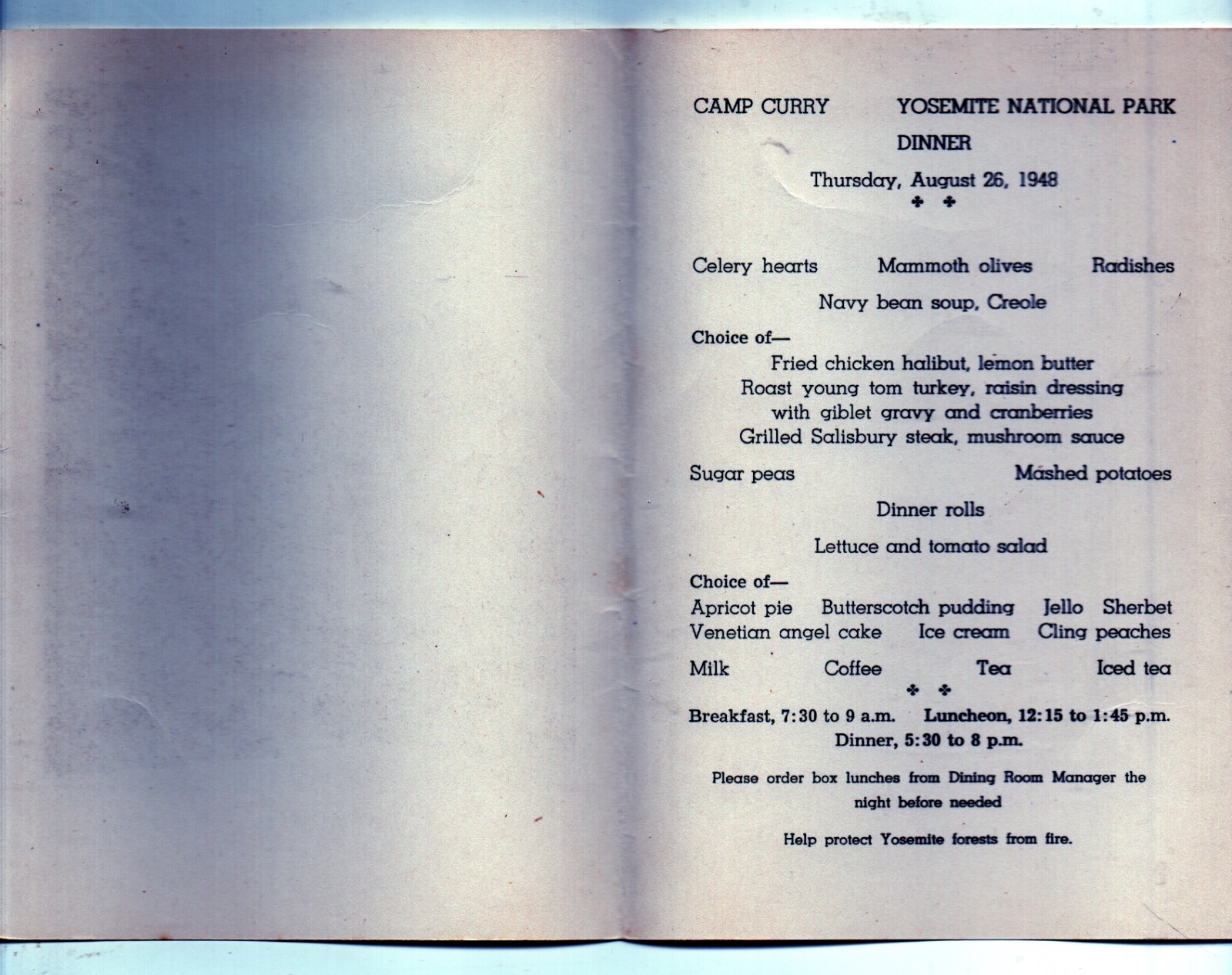 1948 Camp Curry Yosemite National Park Dinner Menu showing Bridal Veil Falls