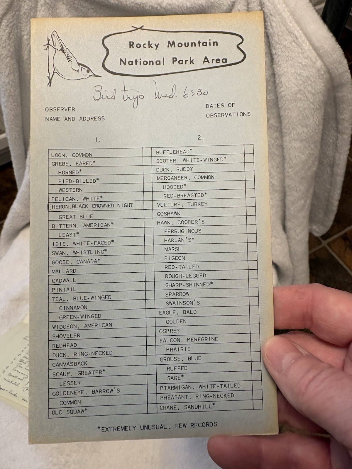 Rare Vintage Rocky Mountain National Park Bird Checklilst 1963