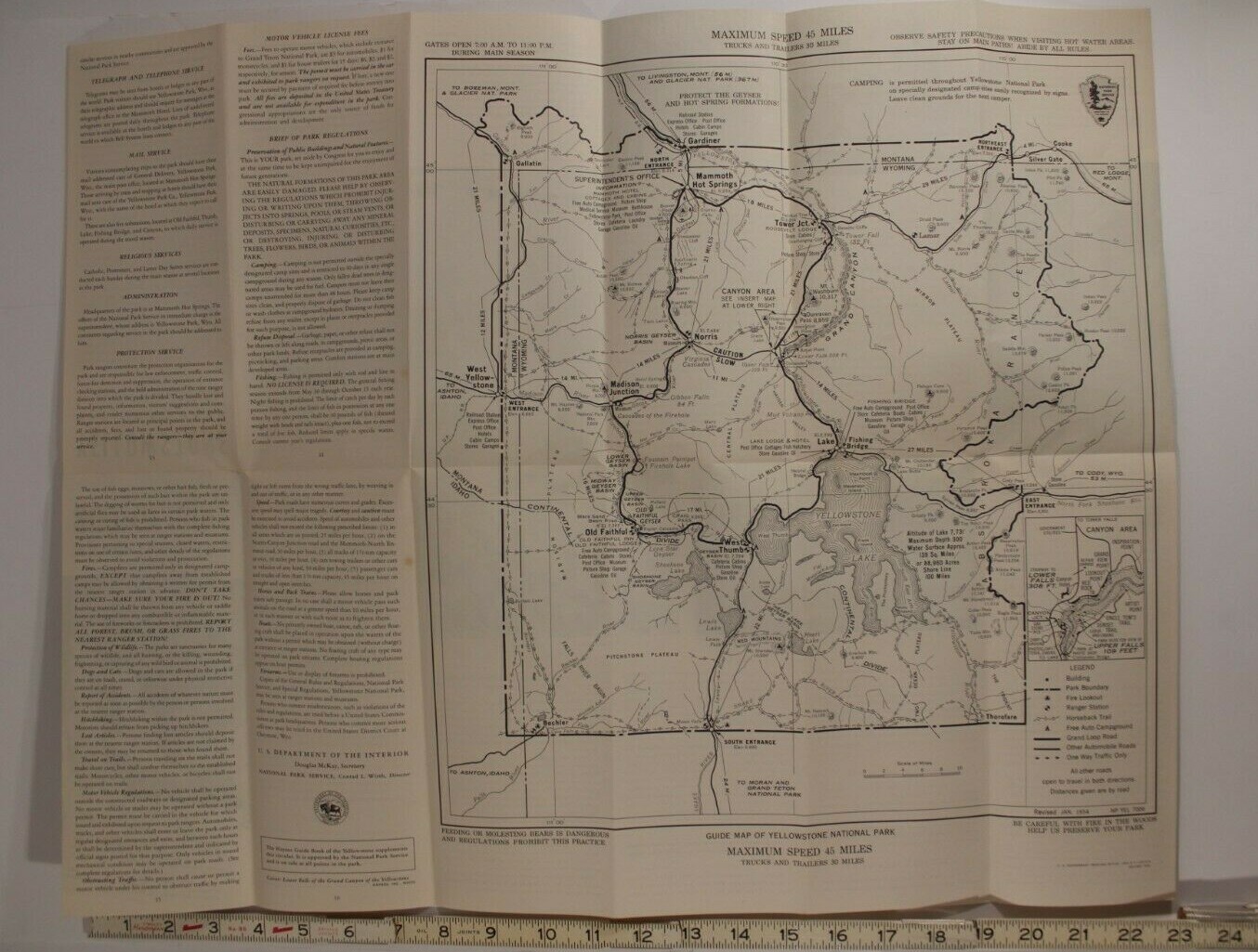 1954 Yellowstone National Park Inside Map Wyoming Montana Idaho Tourist Guide