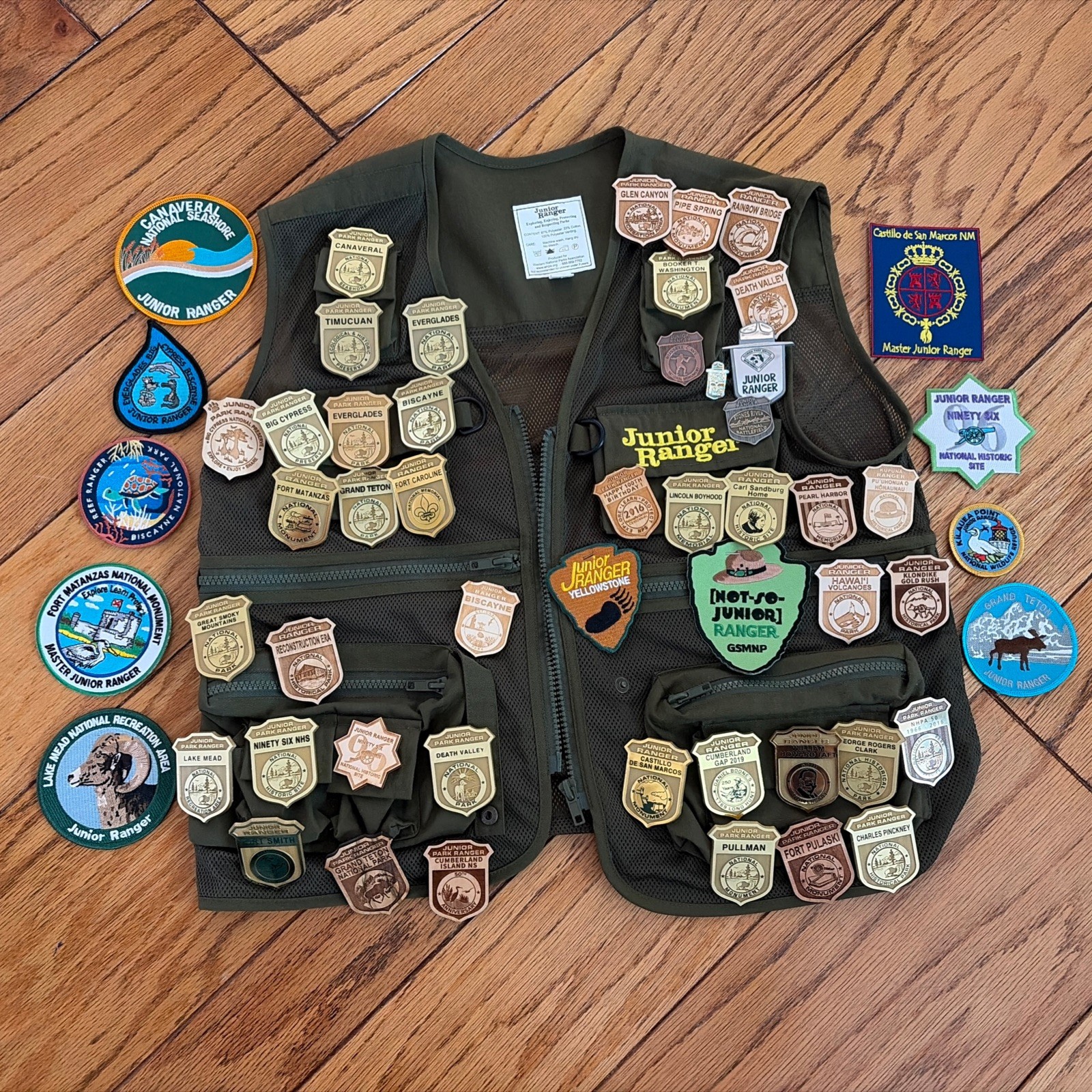 National Parks Junior Ranger Vest W/ 11 Patches & 45 Pins. Vest Adult Small