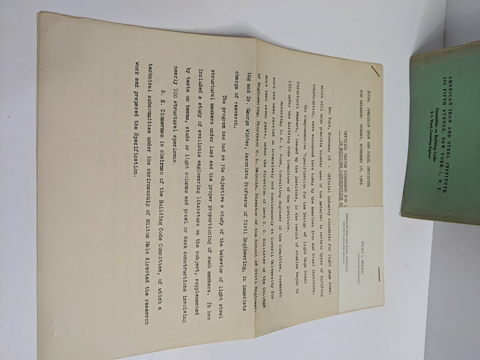 1946 Specification design light gage steel structural Iron steel & Letter/card