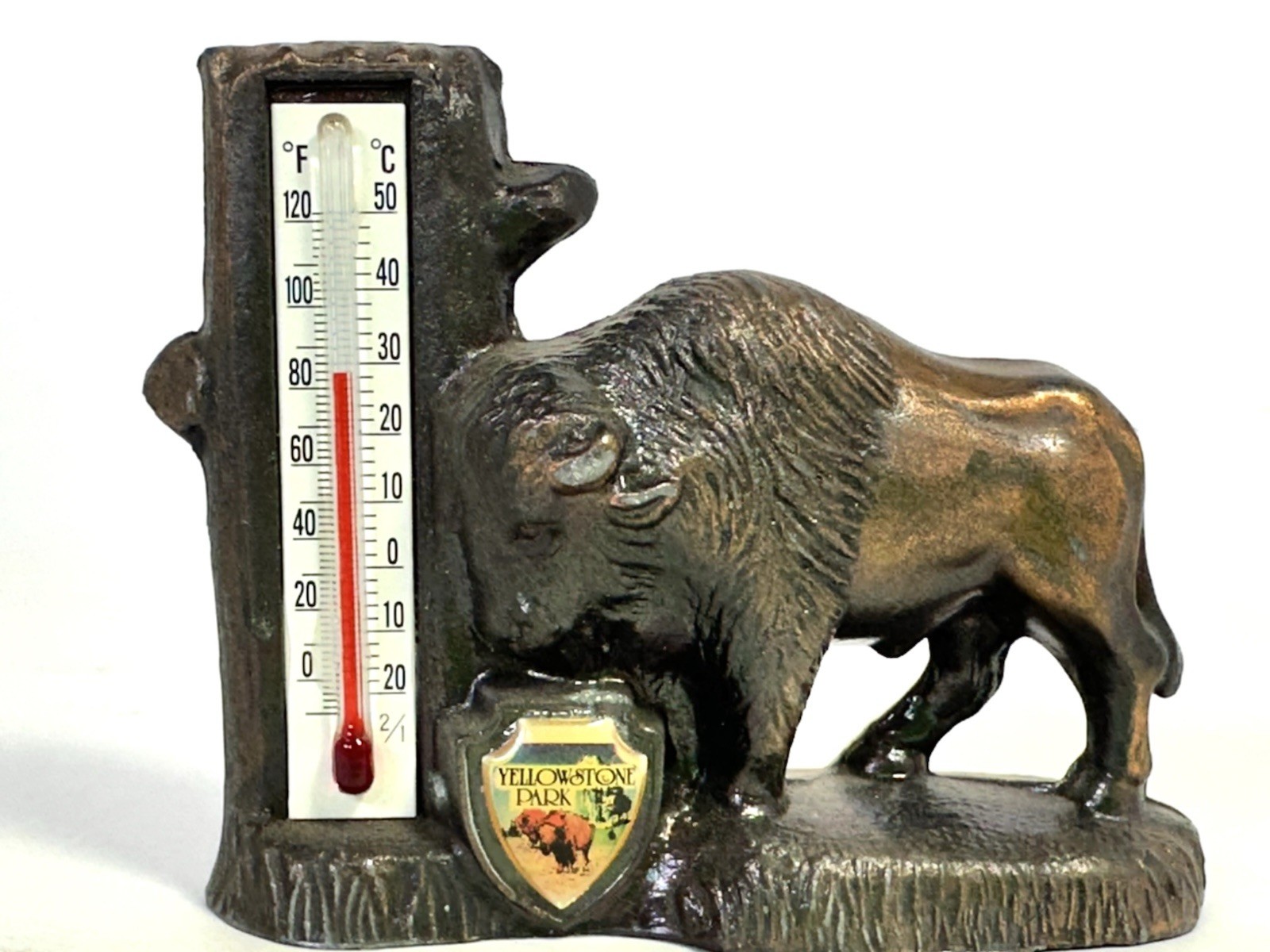 Vintage Yellowstone Park Brass Buffalo Thermometer Travel Souvenir Figurine