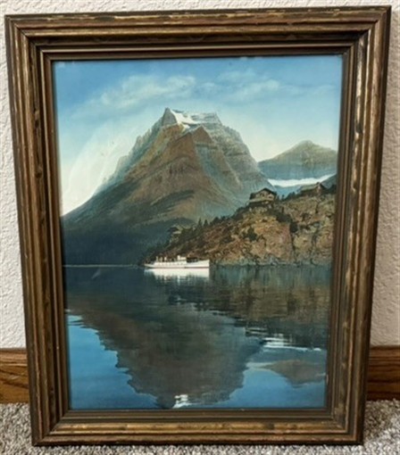 1920’s era Framed Glacier National Park St. Mary’s Lake Boat Exceptional Color!