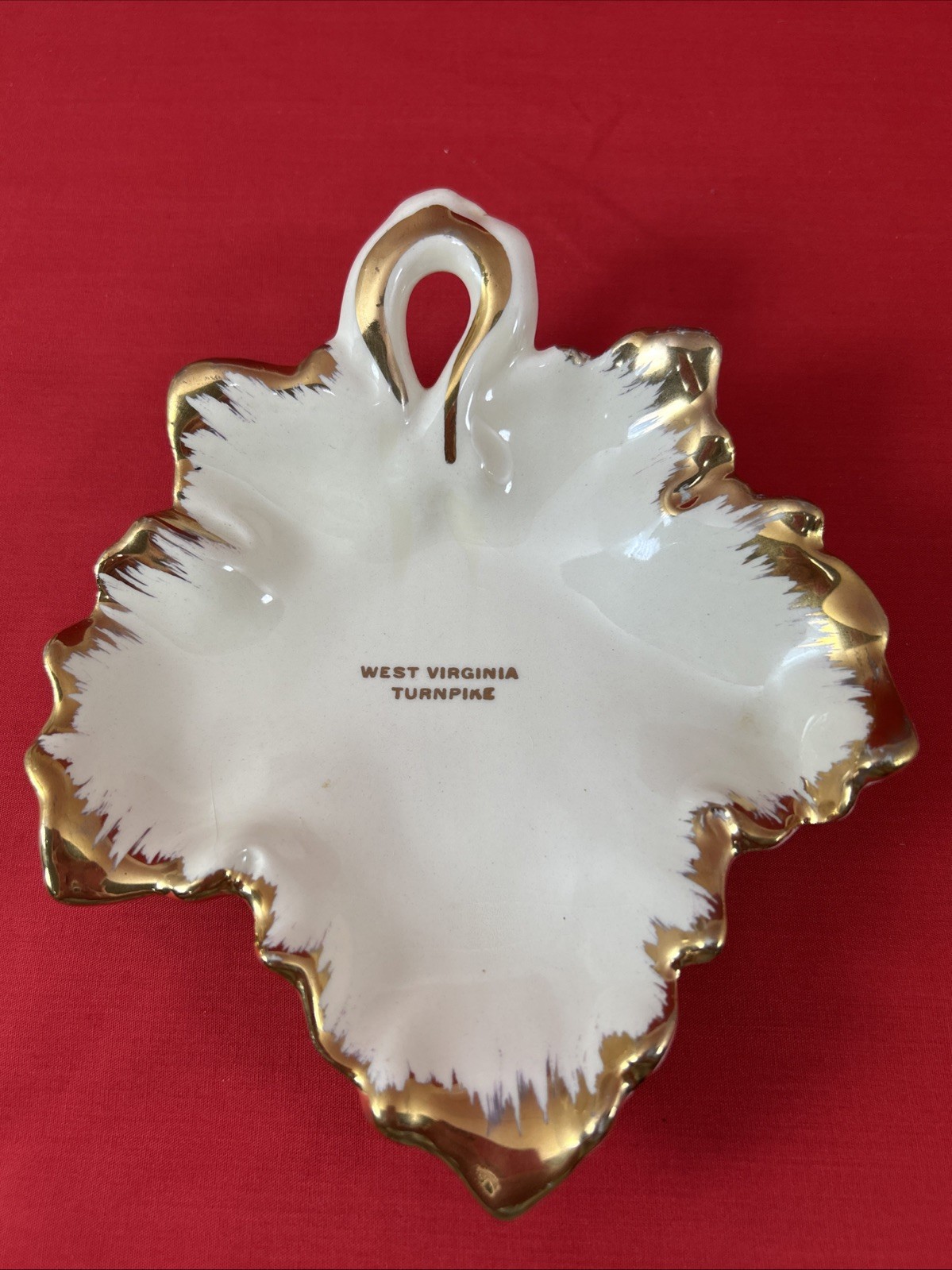 West Virginia Turnpike Porcelain Leaf Ashtray Trinket Dish Souvenir Vintage 7×6”