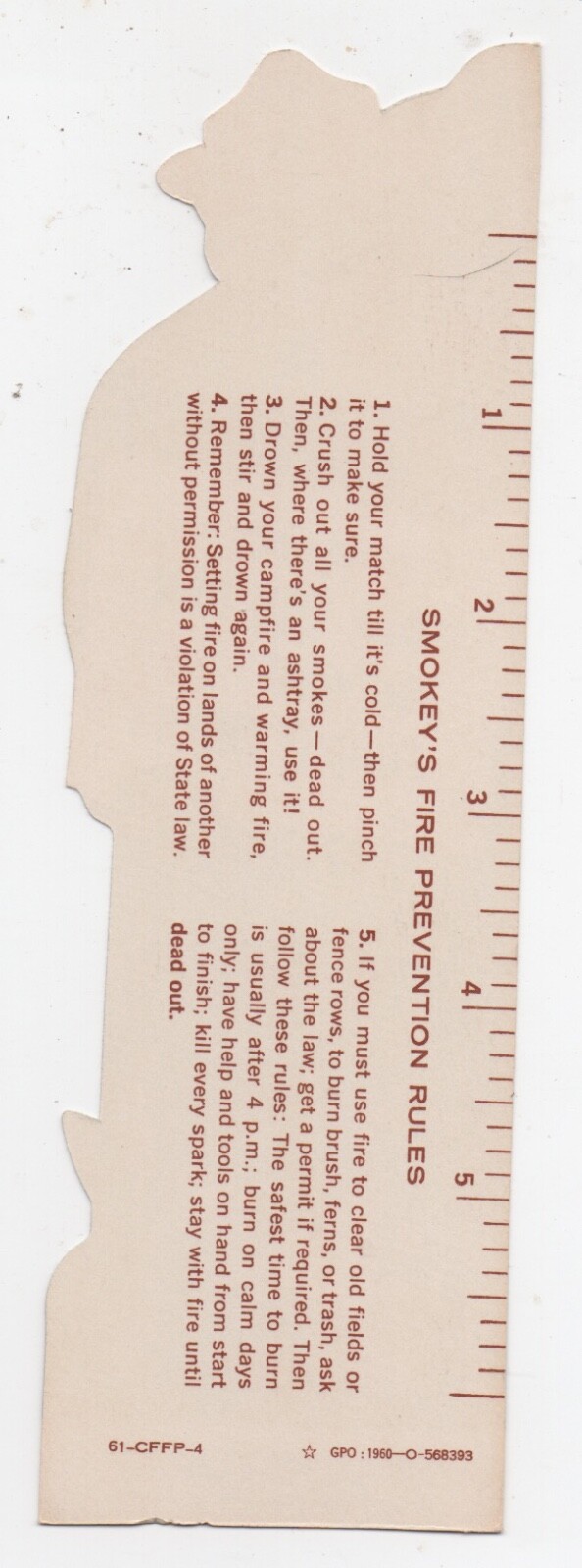 1960 Smokey the Bear Die Cut Ruler / Bookmark