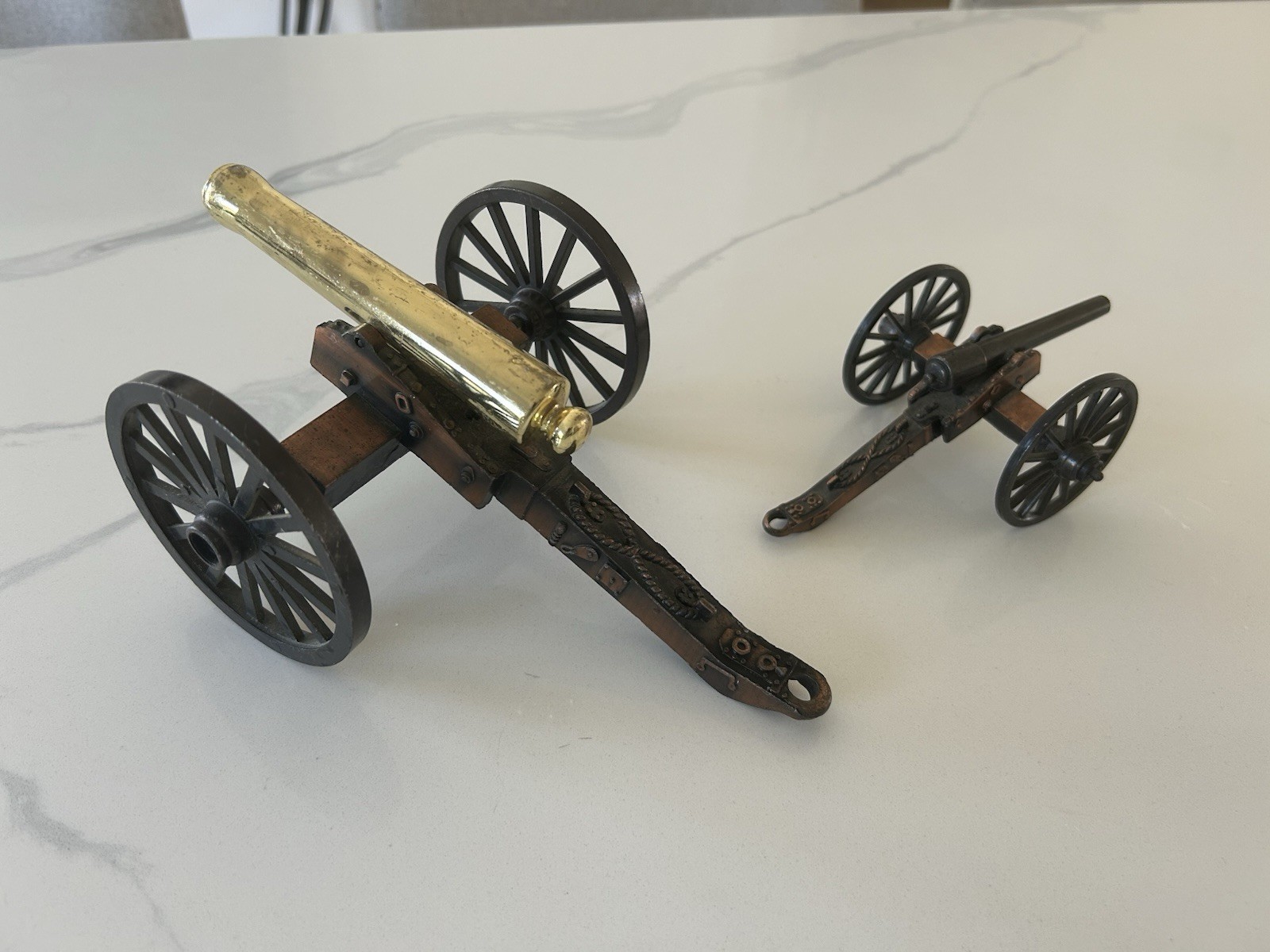 Vtg Miniature Brass ,Cast Iron Cannon Pair Military Replica Civil War Style Deco