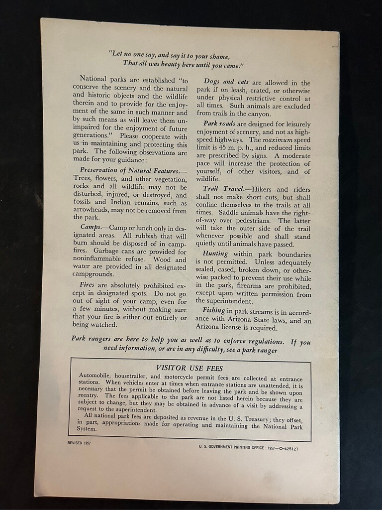 Vintage 1957 Grand Canyon National Park Brochure Pamphlet Map Guide Info Arizona