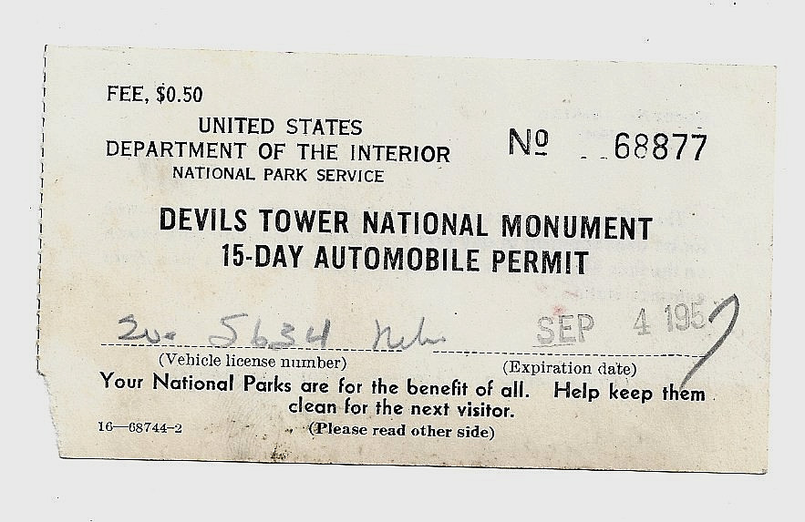 VINTAGE DEVILS TOWER NATIONAL PARK WYOMING~1957 AUTO PERMIT & POSTCARD