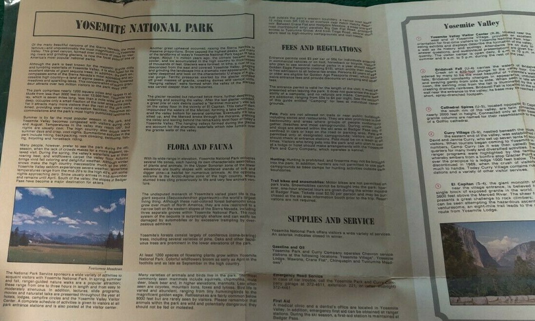 1977 GUIDE TO YOSEMITE NATIONAL PARK & VALLEY Fold-Out Map AAA Southern CA