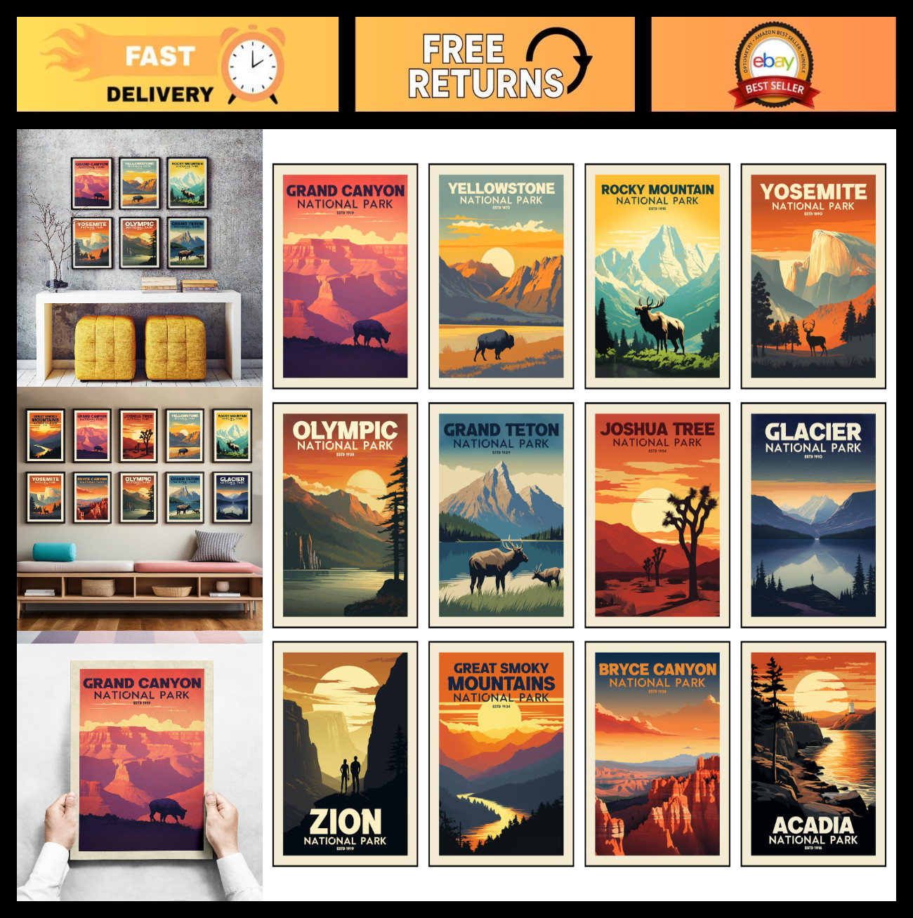 Vintage National Park Posters Set of 12 – 11×14 Unframed Nature Wall Art Prints