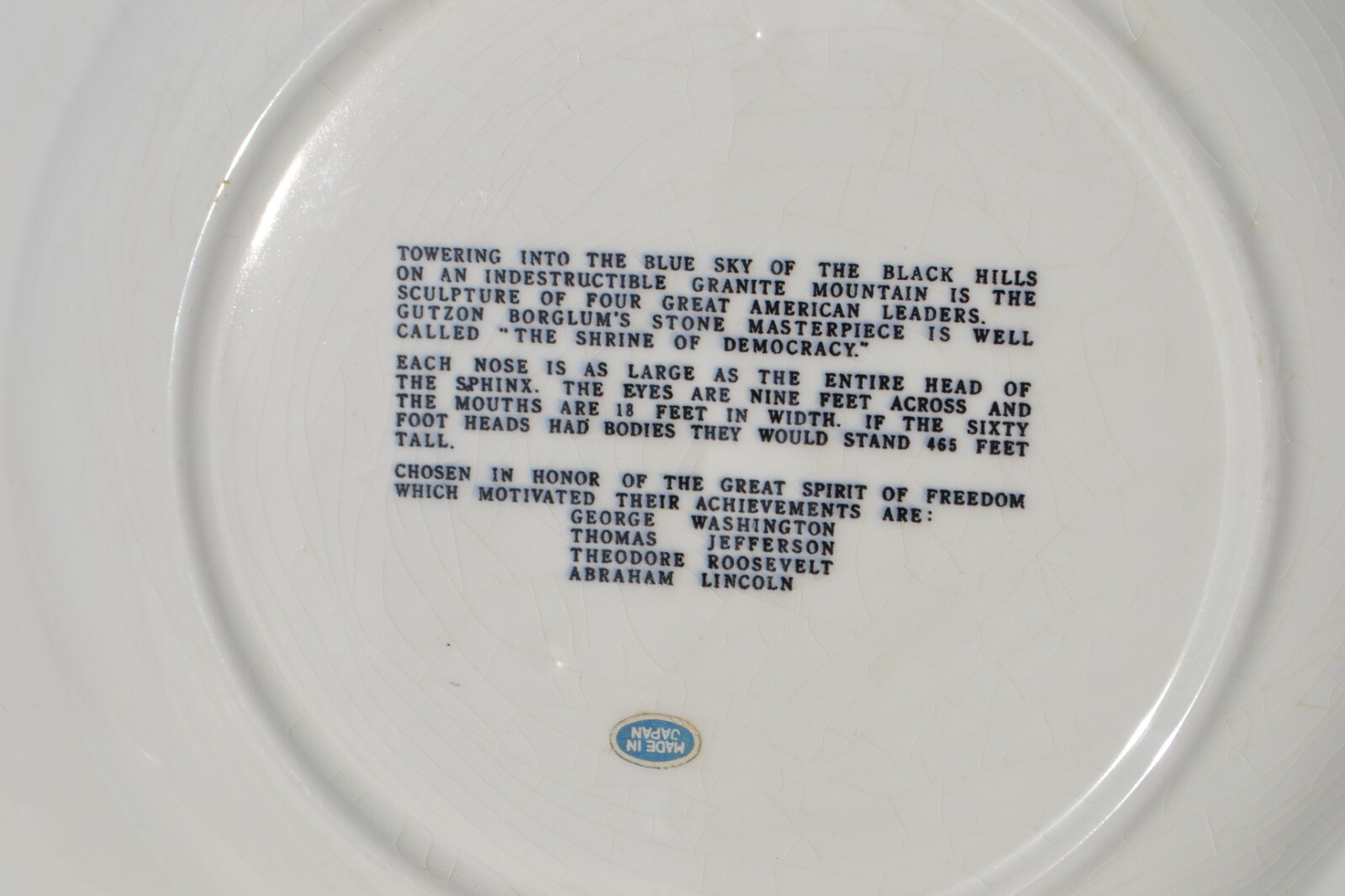 Mount Rushmore Memorial Transferware Plate vintage Souvenir 9″ diam South Dakota