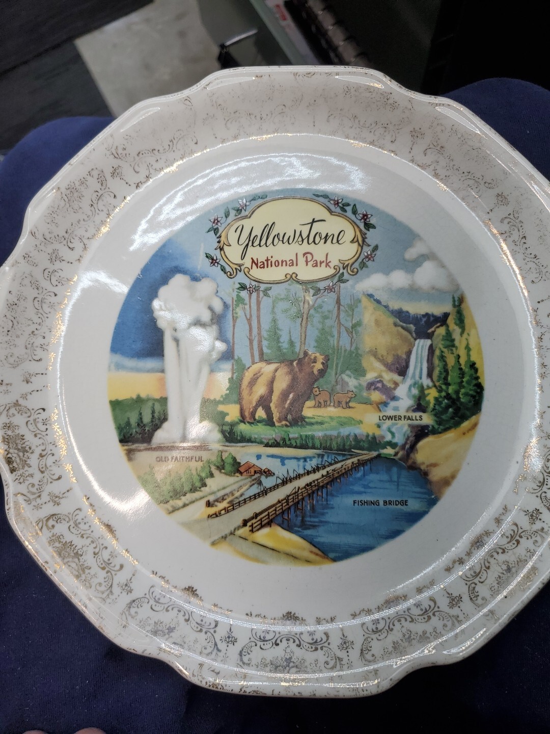 Vintage Yellowstone National Park Souvenir Plate 9” Gold Accents