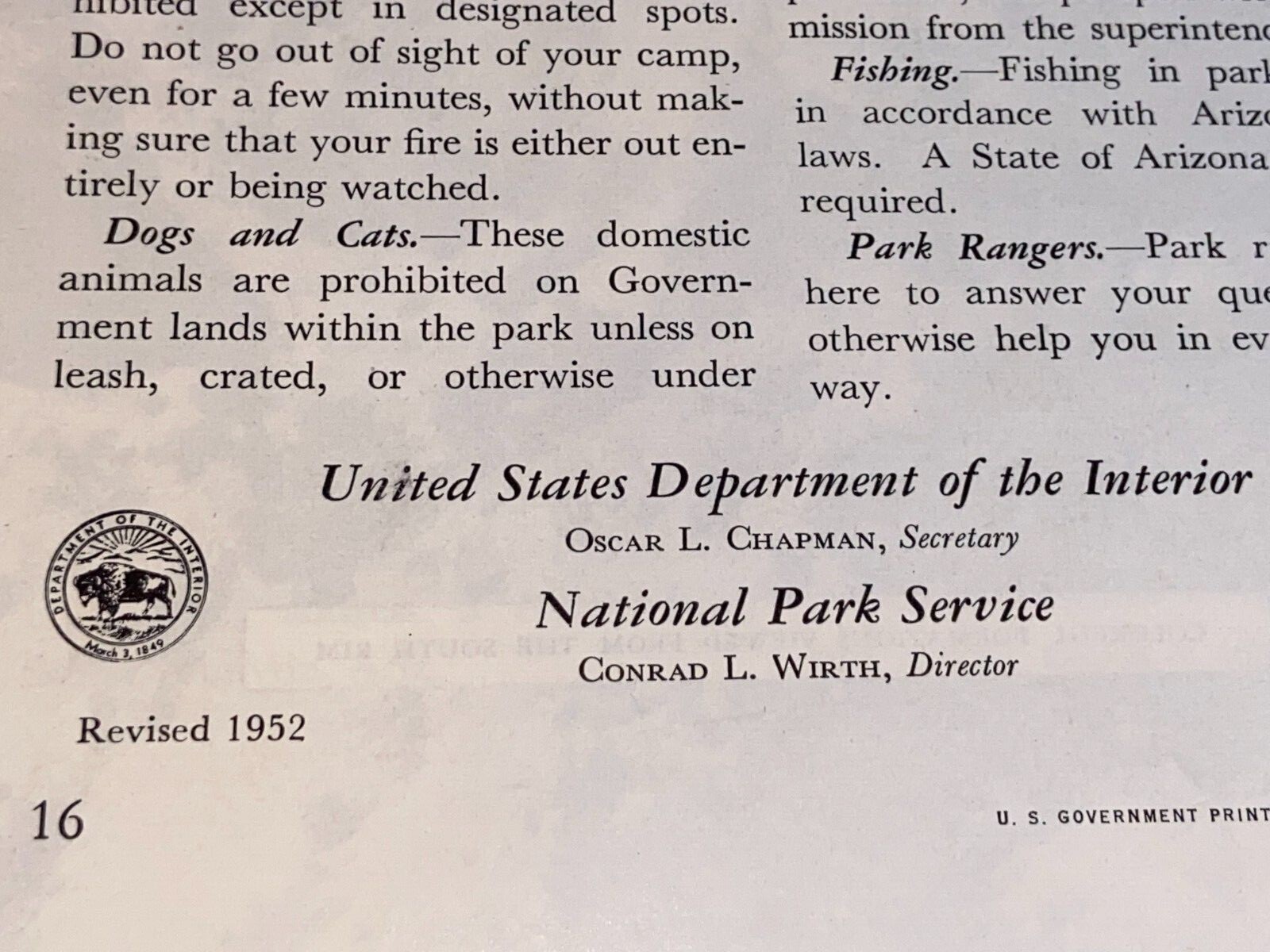 Vintage 1952 GRAND CANYON NATIONAL PARK Tourist Travel BROCHURE w/ Map
