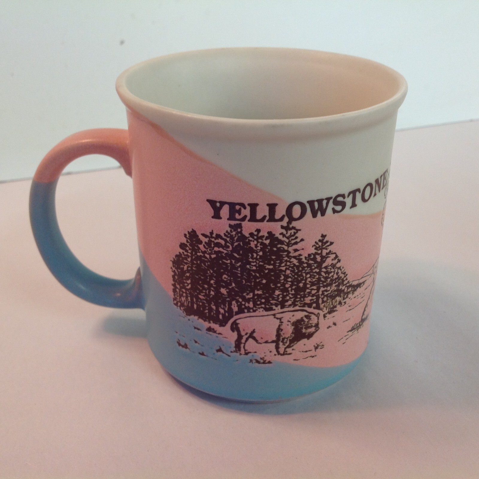 Vintage Souvenir Coffee Mug Yellowstone National Park Pink Blue Cream Buffalo US