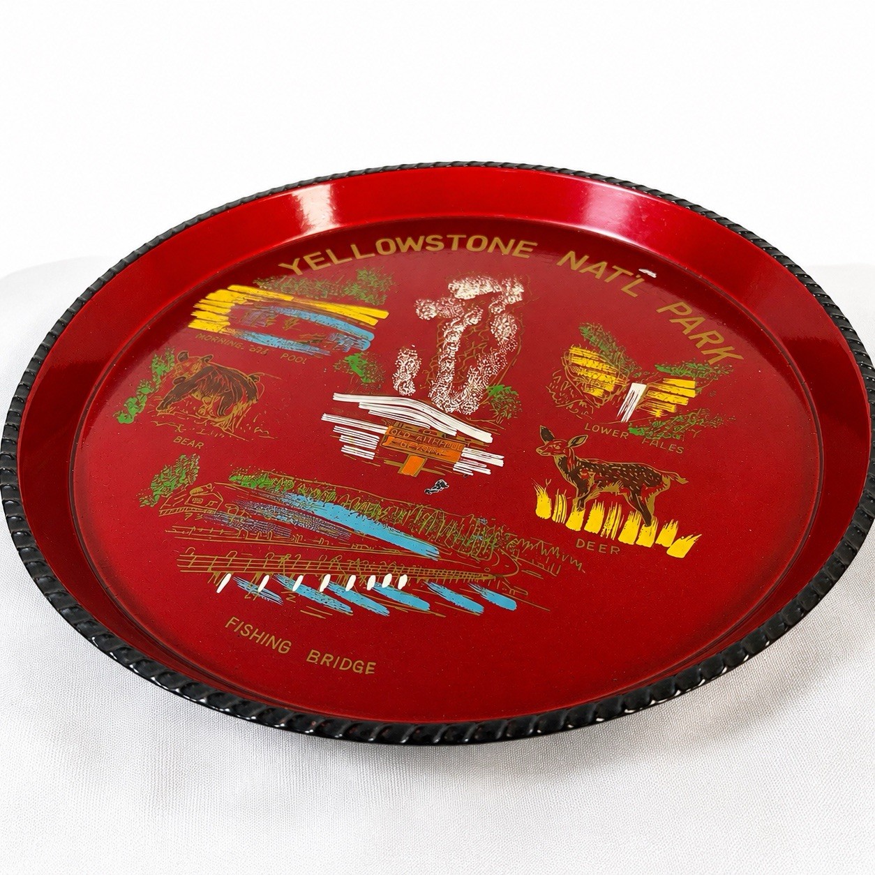 Vintage Yellowstone National Park Service Tin Serving Tray Old Faithful Souvenir