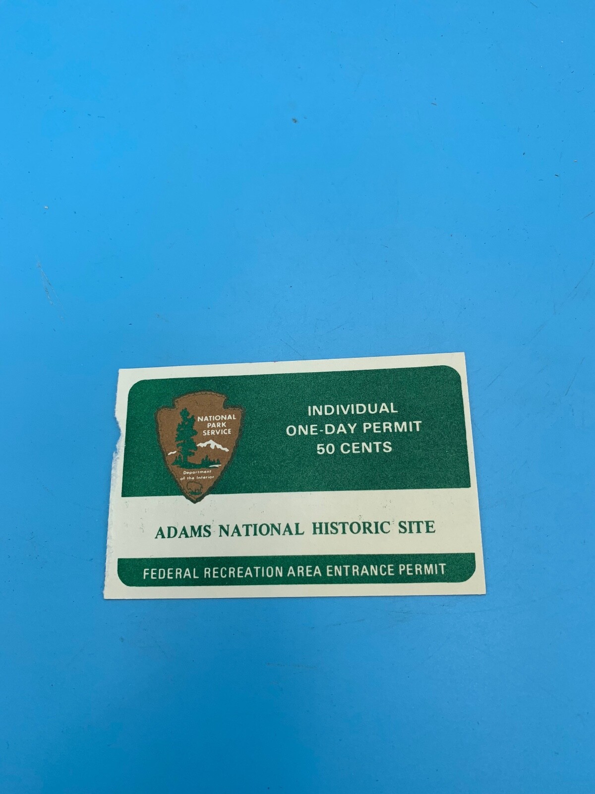 ONE-DAY PERMIT 50 CENTS ADAMS NATIONAL HISTORIC 3.5″ X 2.5″ VINTAGE INDIVIDUAL