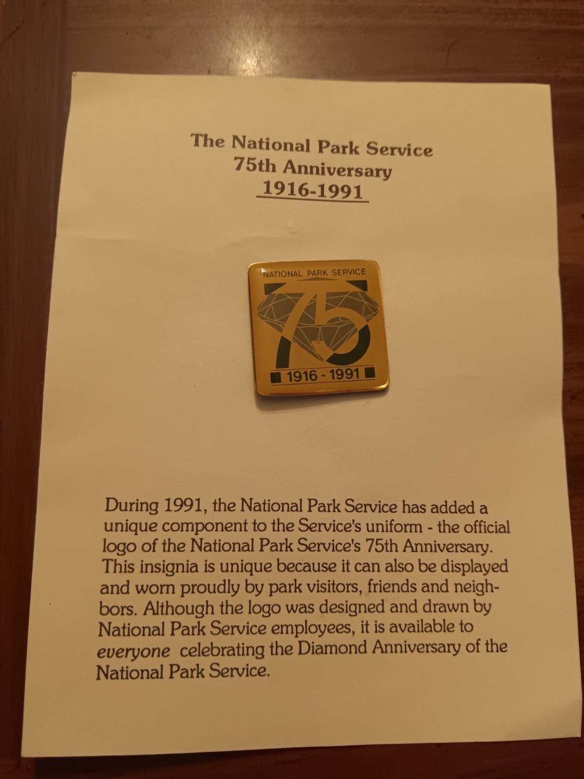 Vintage National Park Service 1916-1991 75th Anniversary Lapel Pin (26-520)