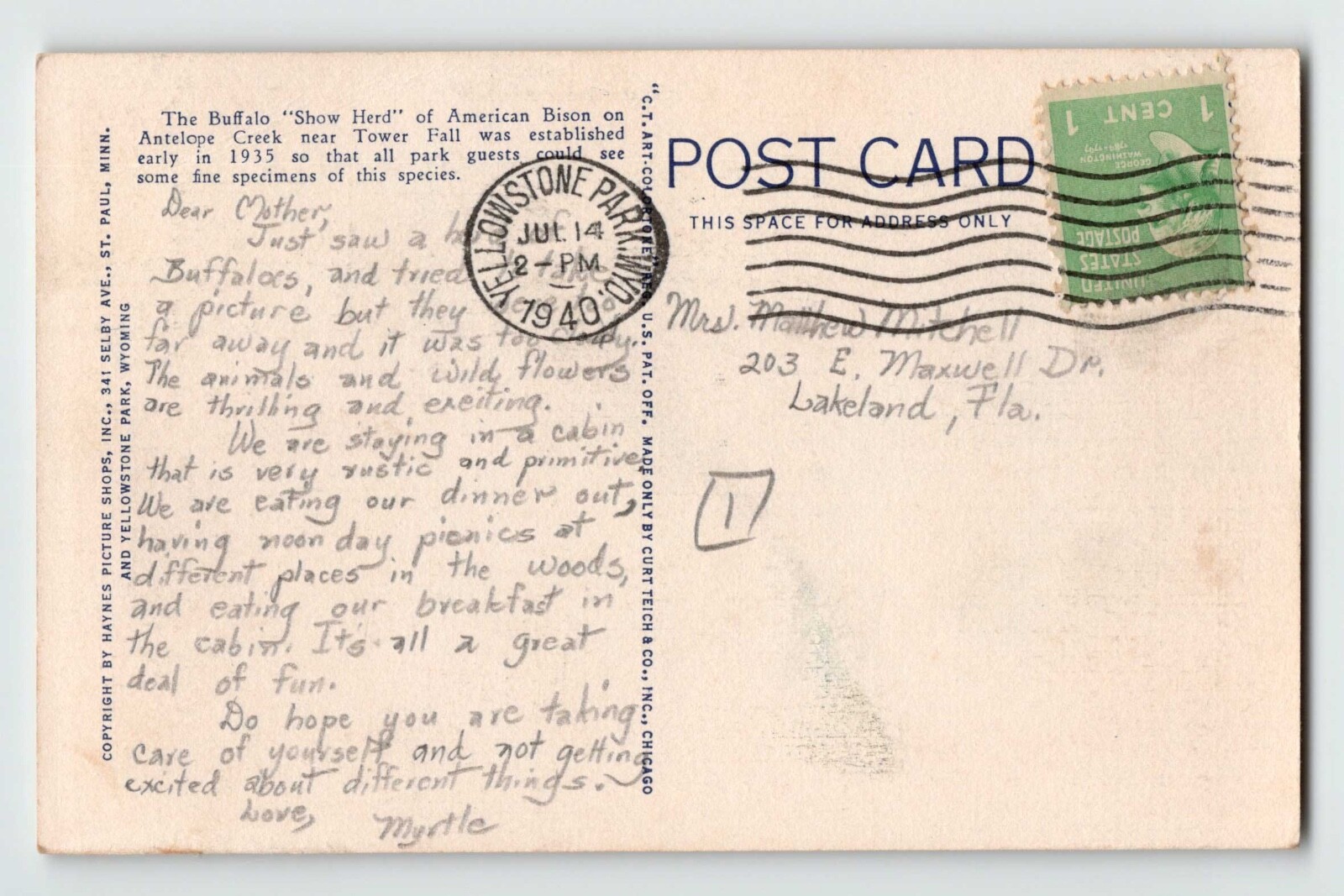 1940 Yellowstone Park linen post cards