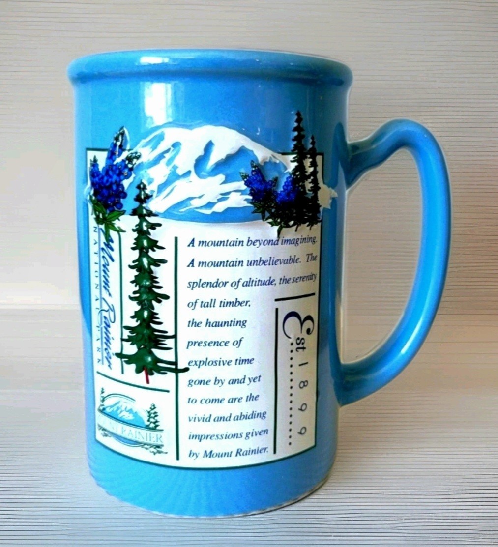 Mount Rainier National Park 14oz Souvenir Poem Coffee Mug Cup Blue Vtg 1990s
