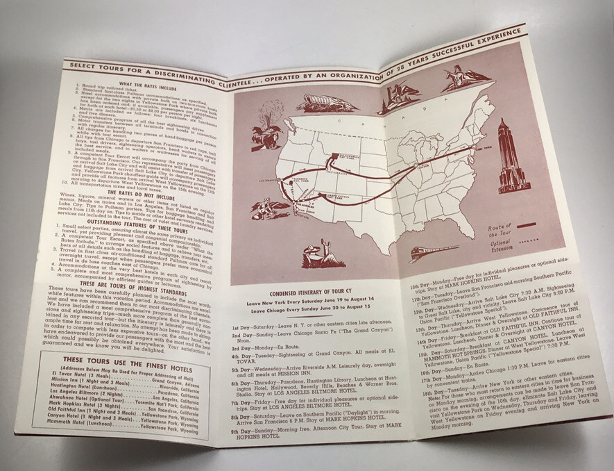 Vintage 1954 Empire West Tours Via Grand Canyon to CA & Yellowstone Foldout