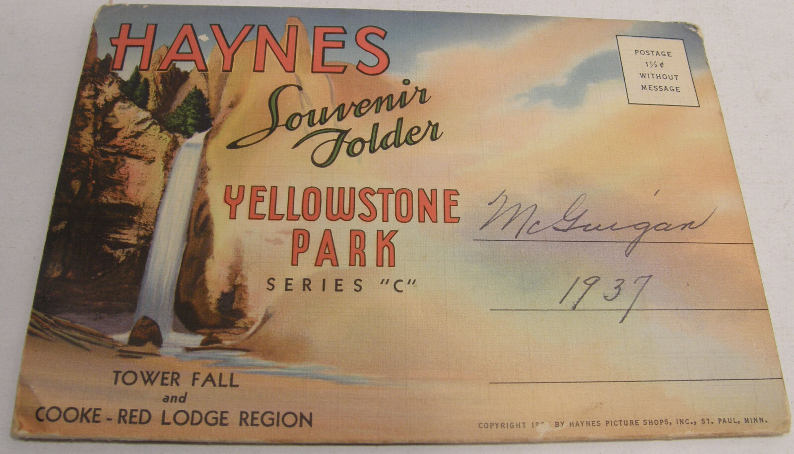 VINTAGE c1937 HAYNES SOUVENIR FOLDER POSTCARD YELLOWSTONE PARK SERIES A B C D