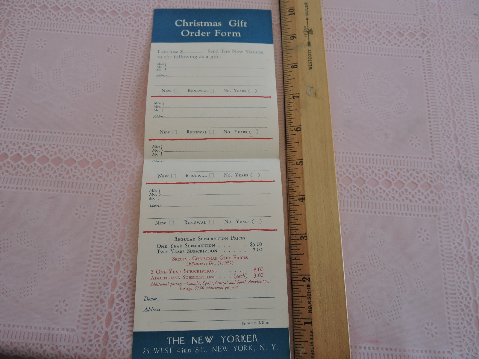 Rare 1930s – ’50s THE NEW YORKER Magazine NYC New York City Signed subscrip Form