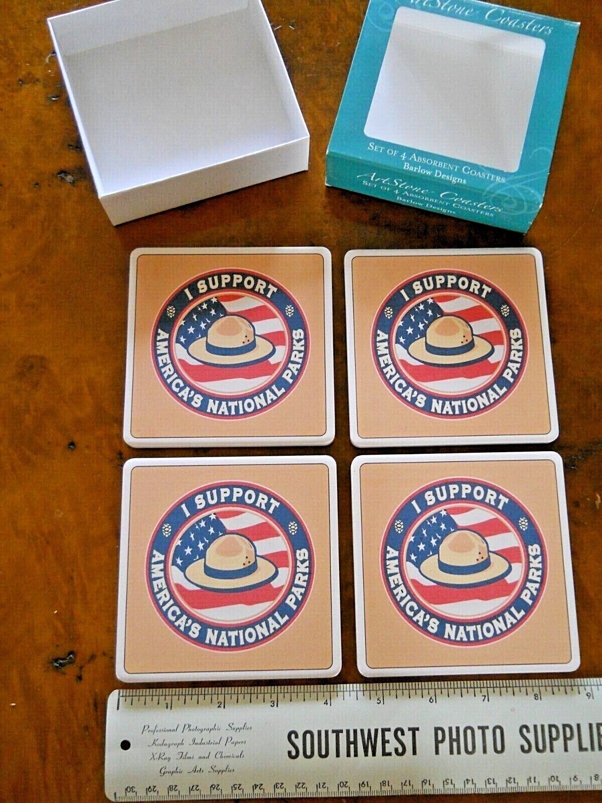 I SUPPORT AMERICA’S NATIONAL PARKS ART-STONE DRINK COASTER SET OF 4 (NEW IN BOX)