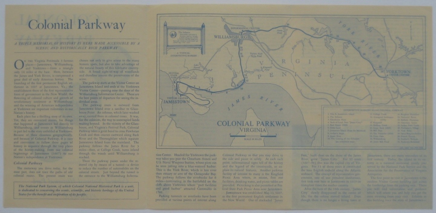 Original 1960 Map Brochure COLONIAL PARKWAY Jamsestown Williamsburg Yorktown VA