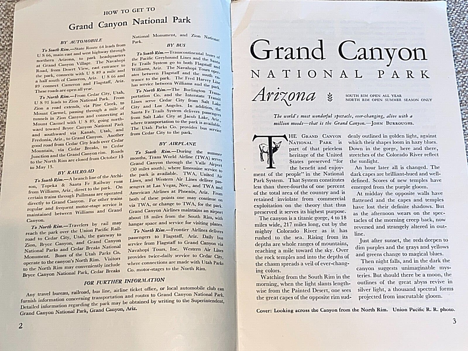 Vintage 1952 GRAND CANYON NATIONAL PARK Tourist Travel BROCHURE w/ Map