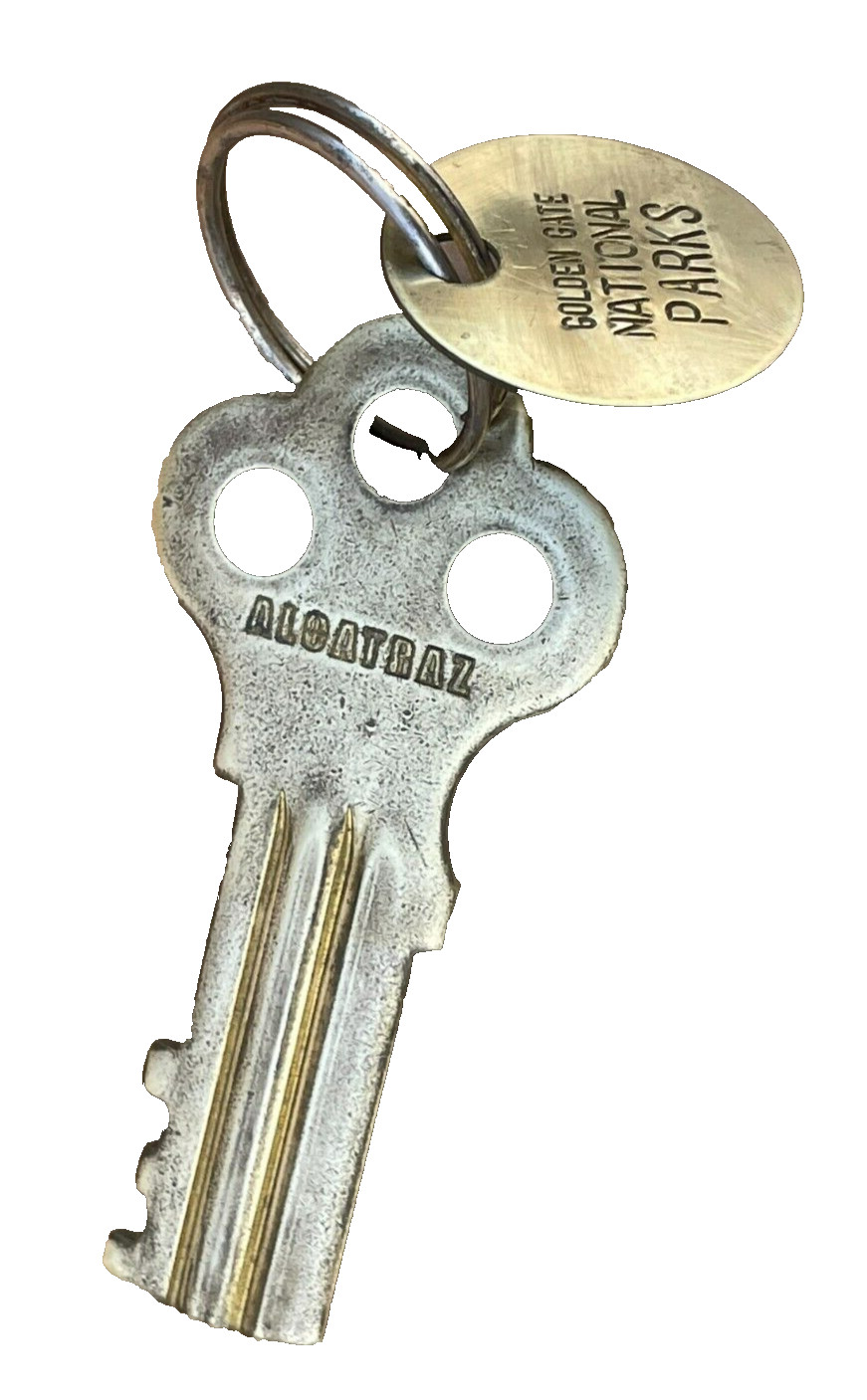Vintage Souvenir Alcatrz Brass Key w/ Golden Gate National Park Tag Fob