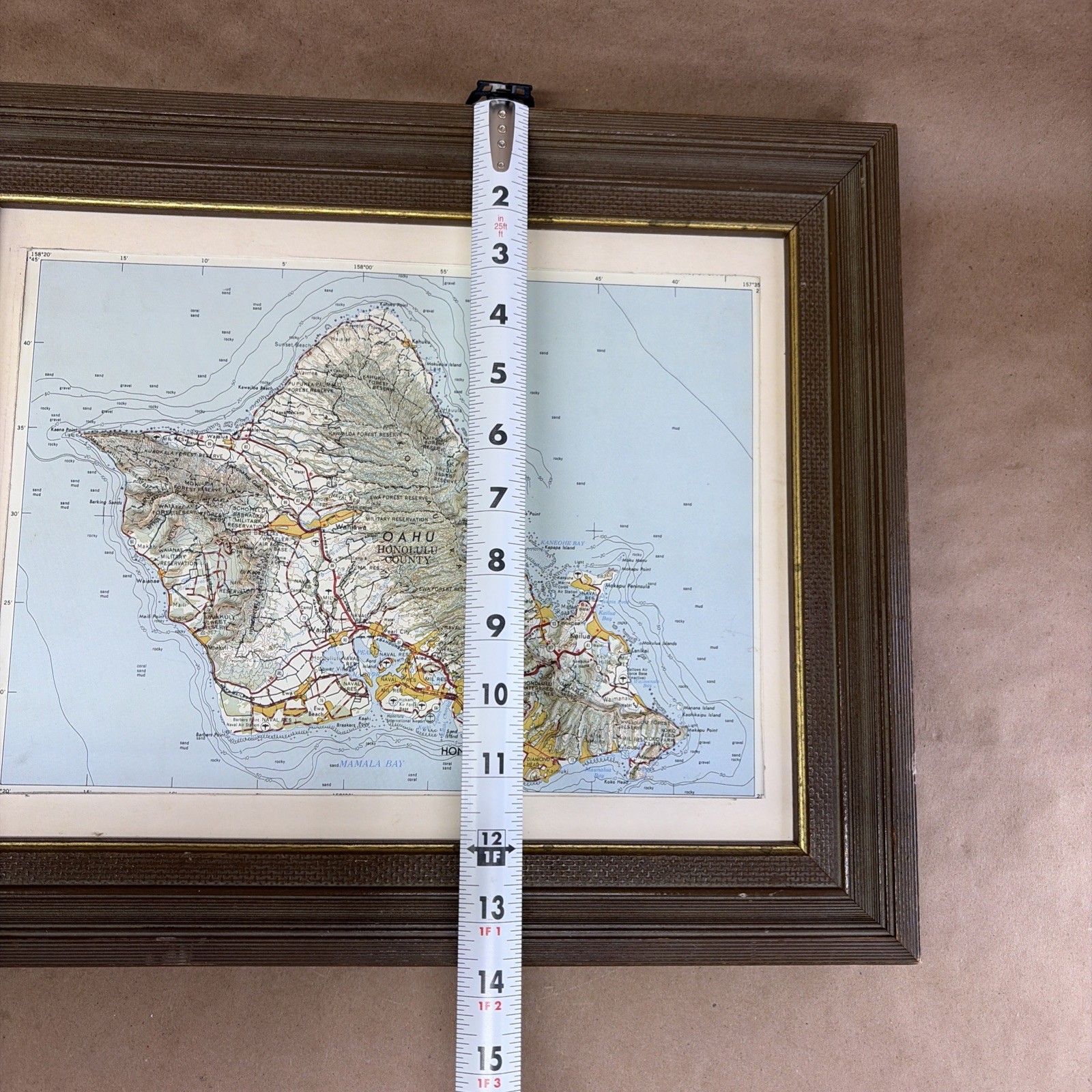 Raised Relief Map of the island of Oahu, Hawaii Honolulu 3D Framed Vintage