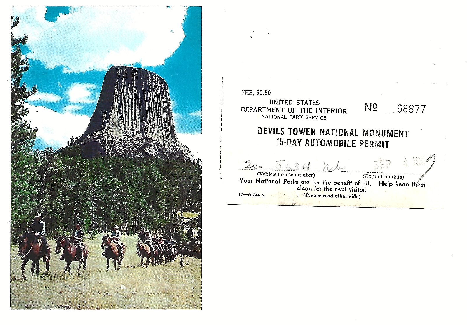 VINTAGE DEVILS TOWER NATIONAL PARK WYOMING~1957 AUTO PERMIT & POSTCARD