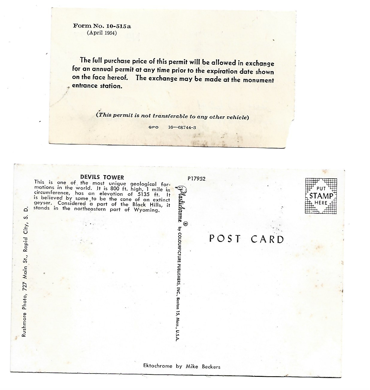 VINTAGE DEVILS TOWER NATIONAL PARK WYOMING~1957 AUTO PERMIT & POSTCARD