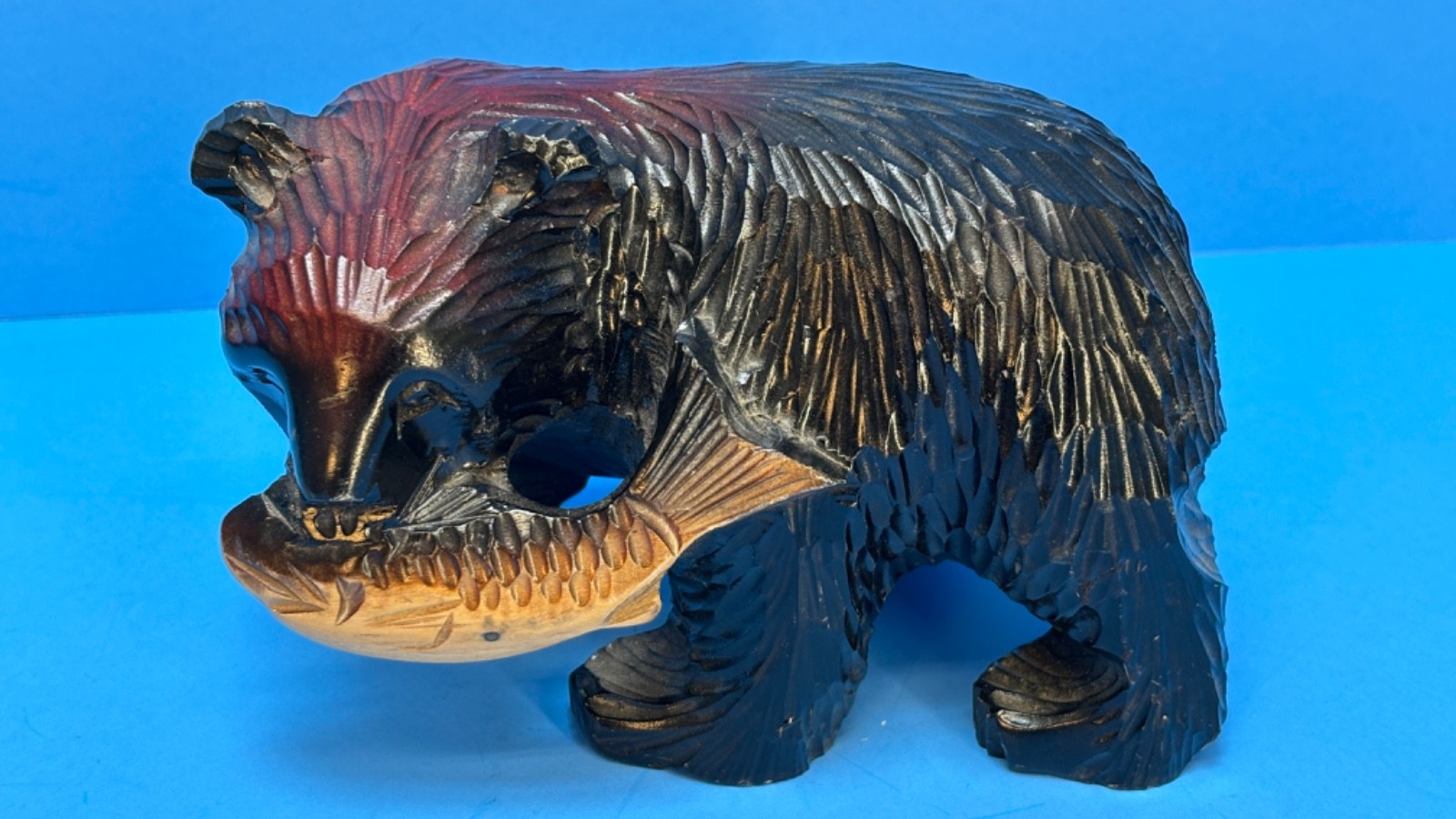 VTG Hokkaido Japan Kibori-Kuma Carved Bear w/Salmon ~ Yellowstone Park Souvenir