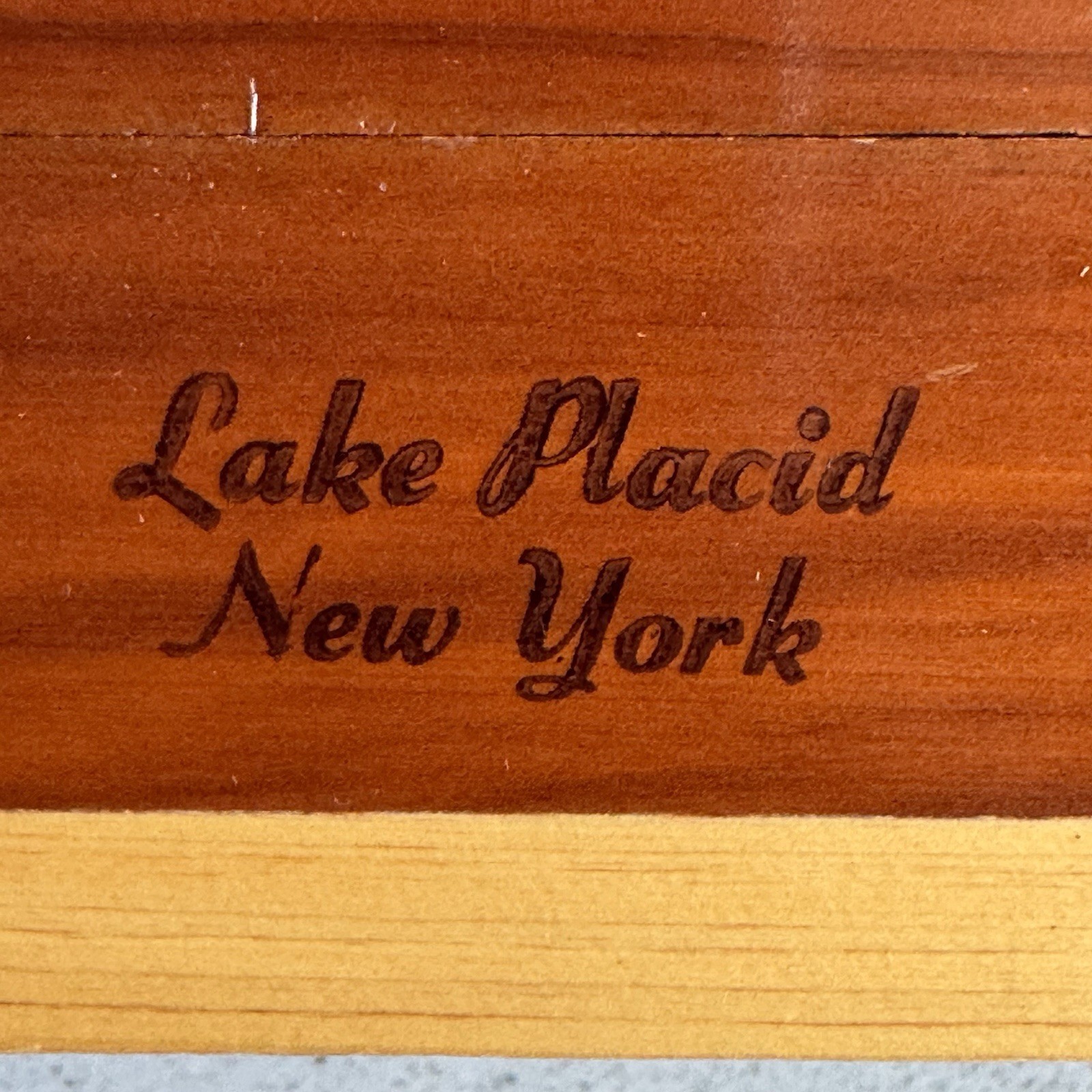 Vintage Lake Placid New York Wood Cedar Box Standing Horse Hinged Souvenir Box