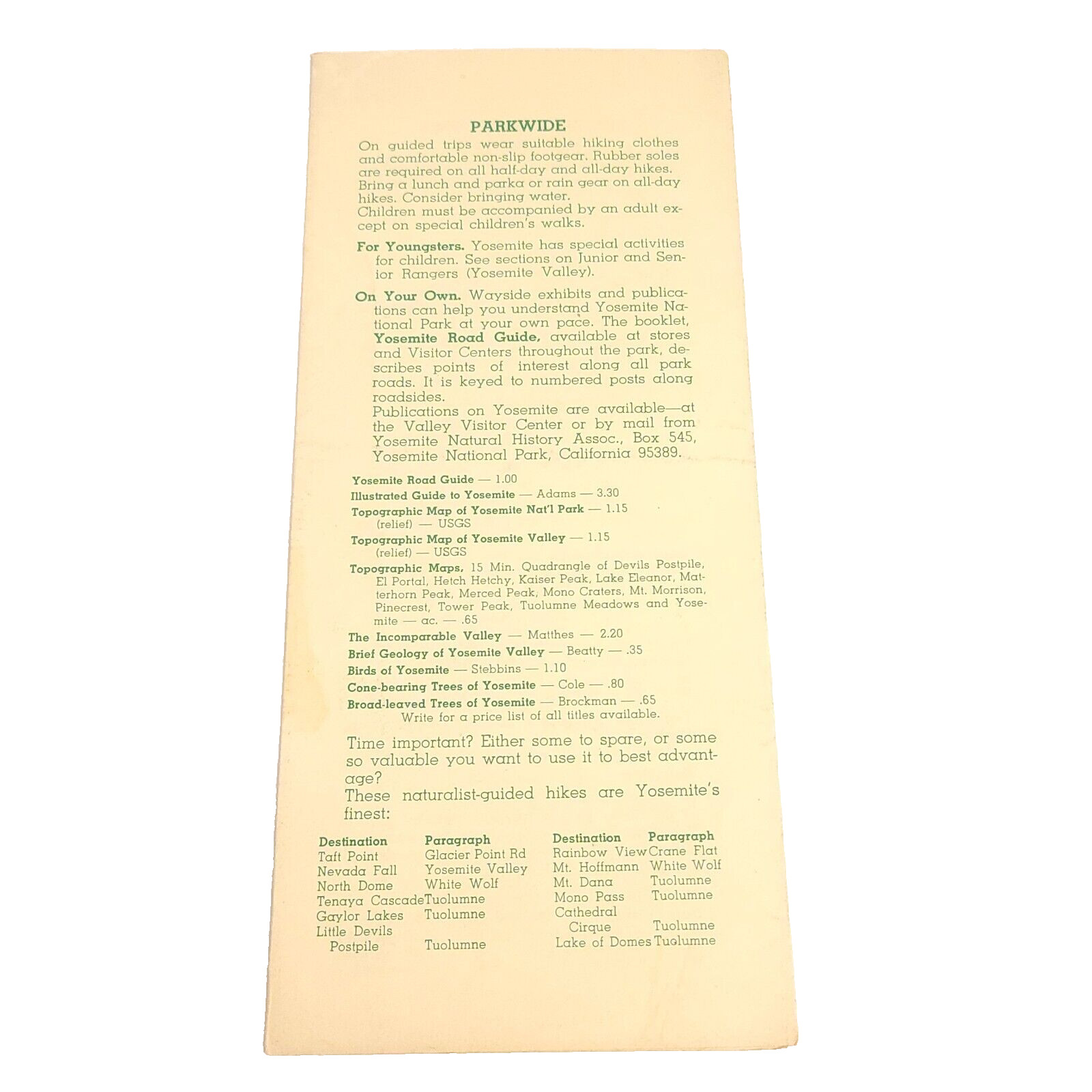 1968 Yosemite National Park Naturalist Activities Brochure Guide Info