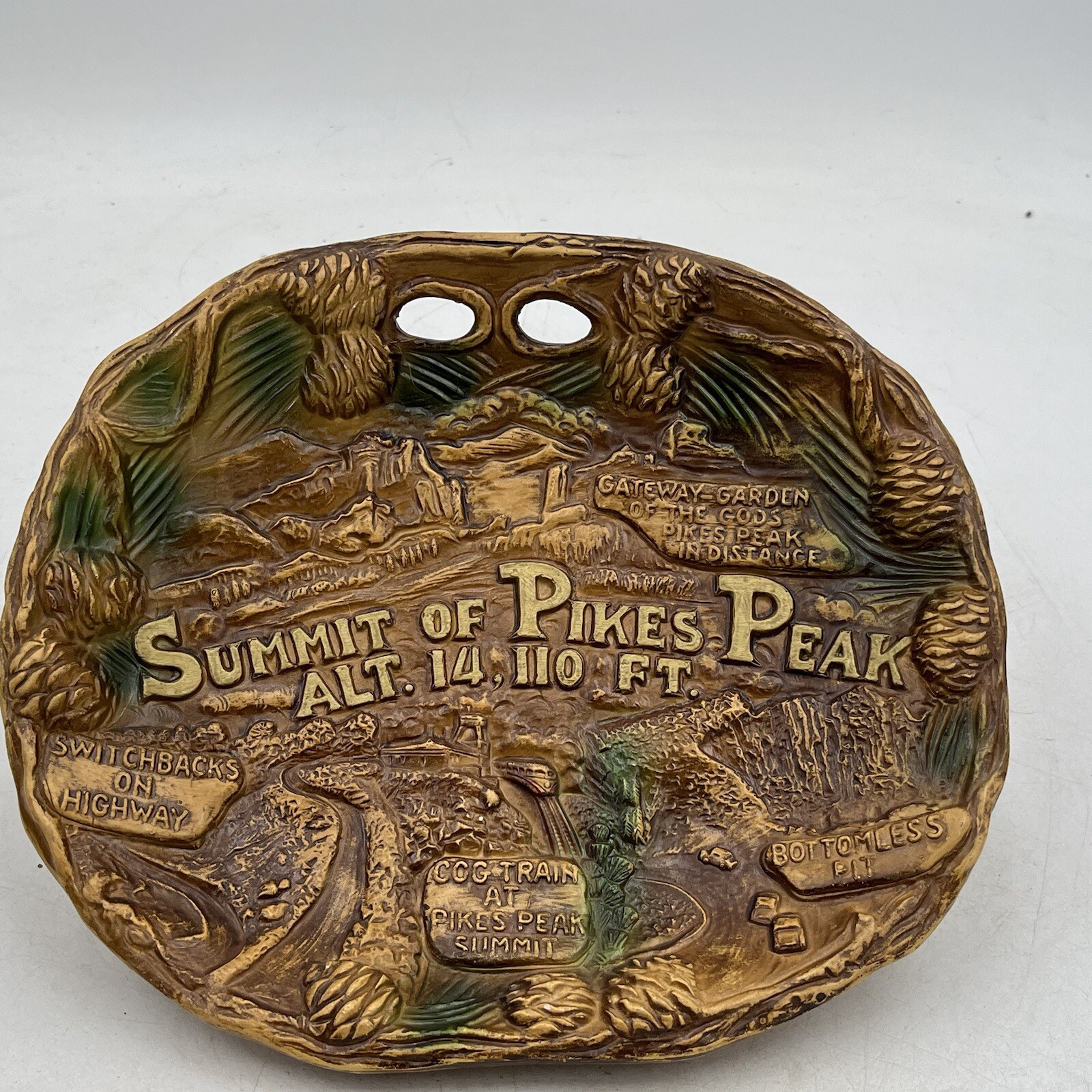 Vintage Pikes Peak Region Souvenir Faux Wood Bowl Plate Wall Hanging