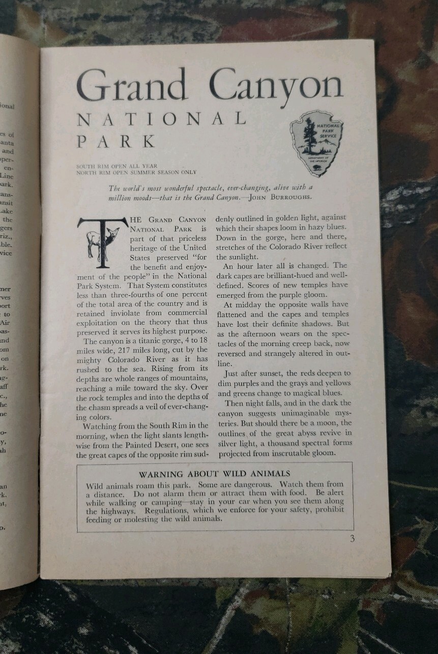 Vintage 1954 National Park Service Grand Canyon Tourism Pamphlet Book