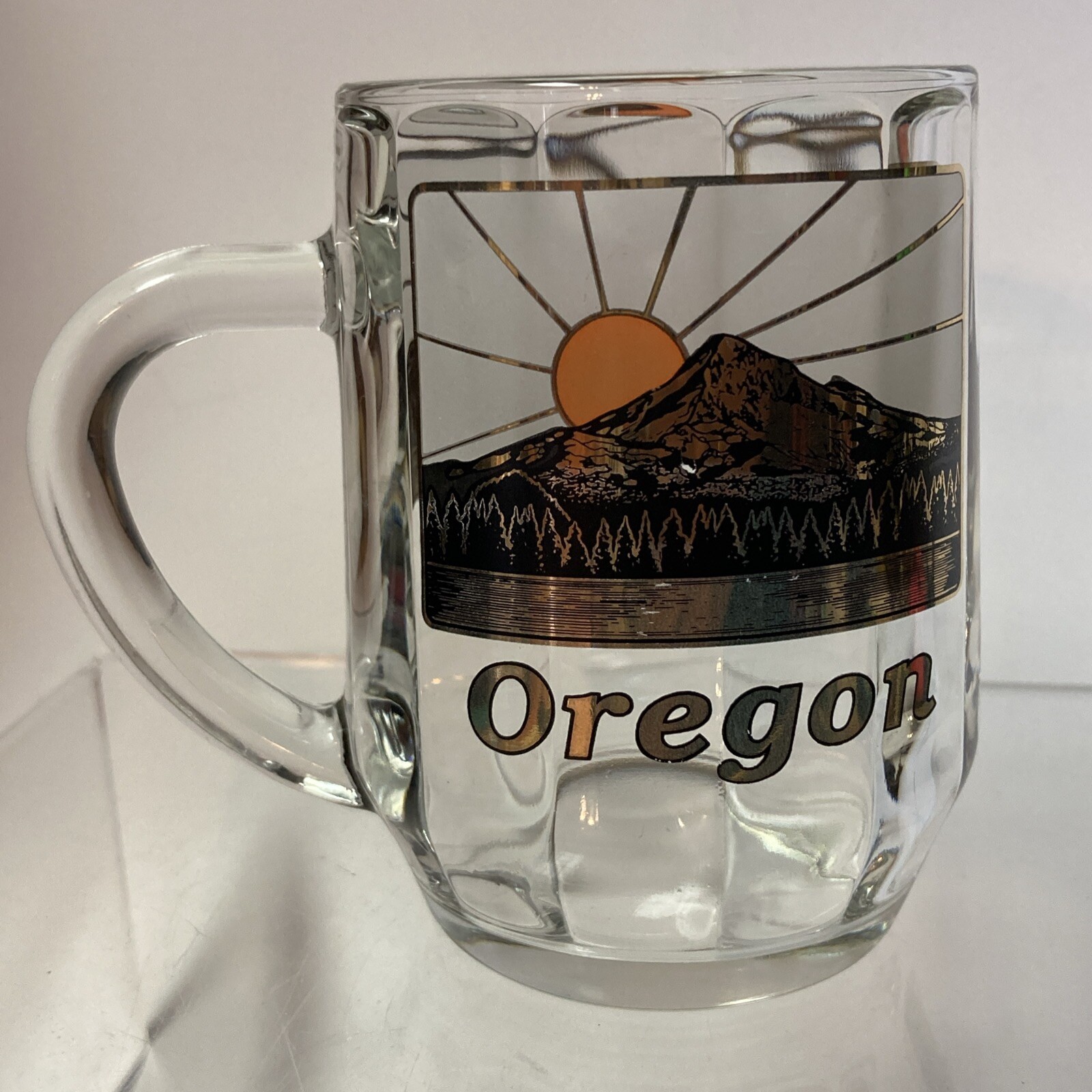 Oregon Coffee Mug Souvenir Glass 22K Gold Black Orange Mt. McLaughlin Sunset USA