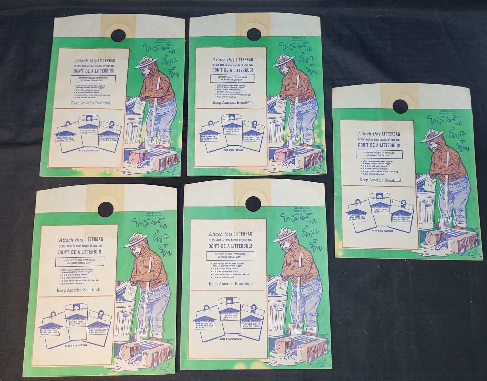 5 Pc Vintage Smokey Bear “Keep America Green and Clean” Car Litter Bags Lot