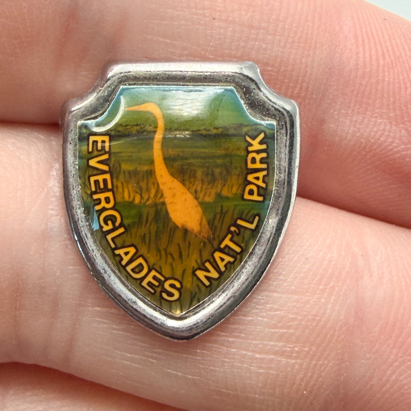 Everglades National Park Shield Lapel Pin Florida Travel Souvenir Egret Vintage