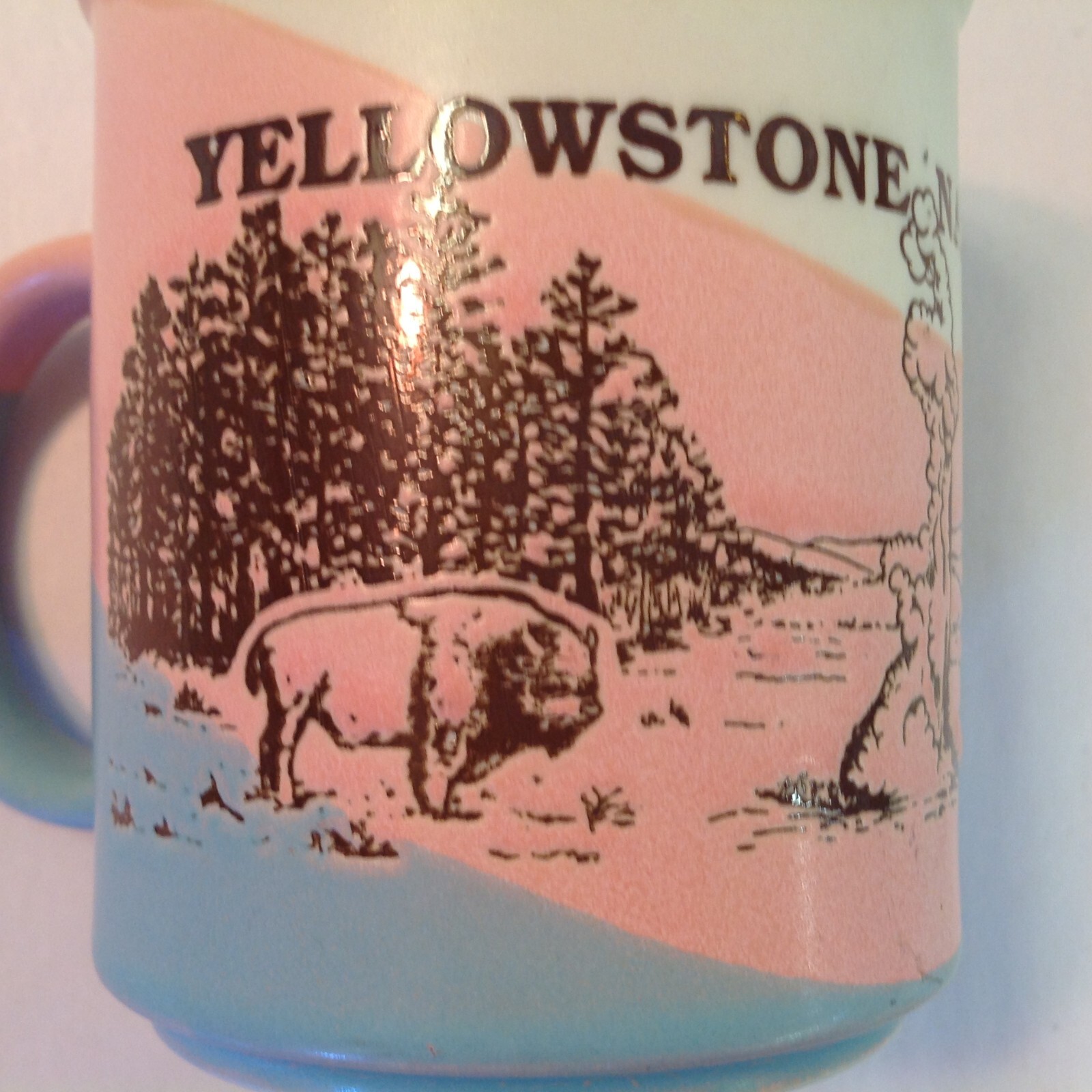 Vintage Souvenir Coffee Mug Yellowstone National Park Pink Blue Cream Buffalo US