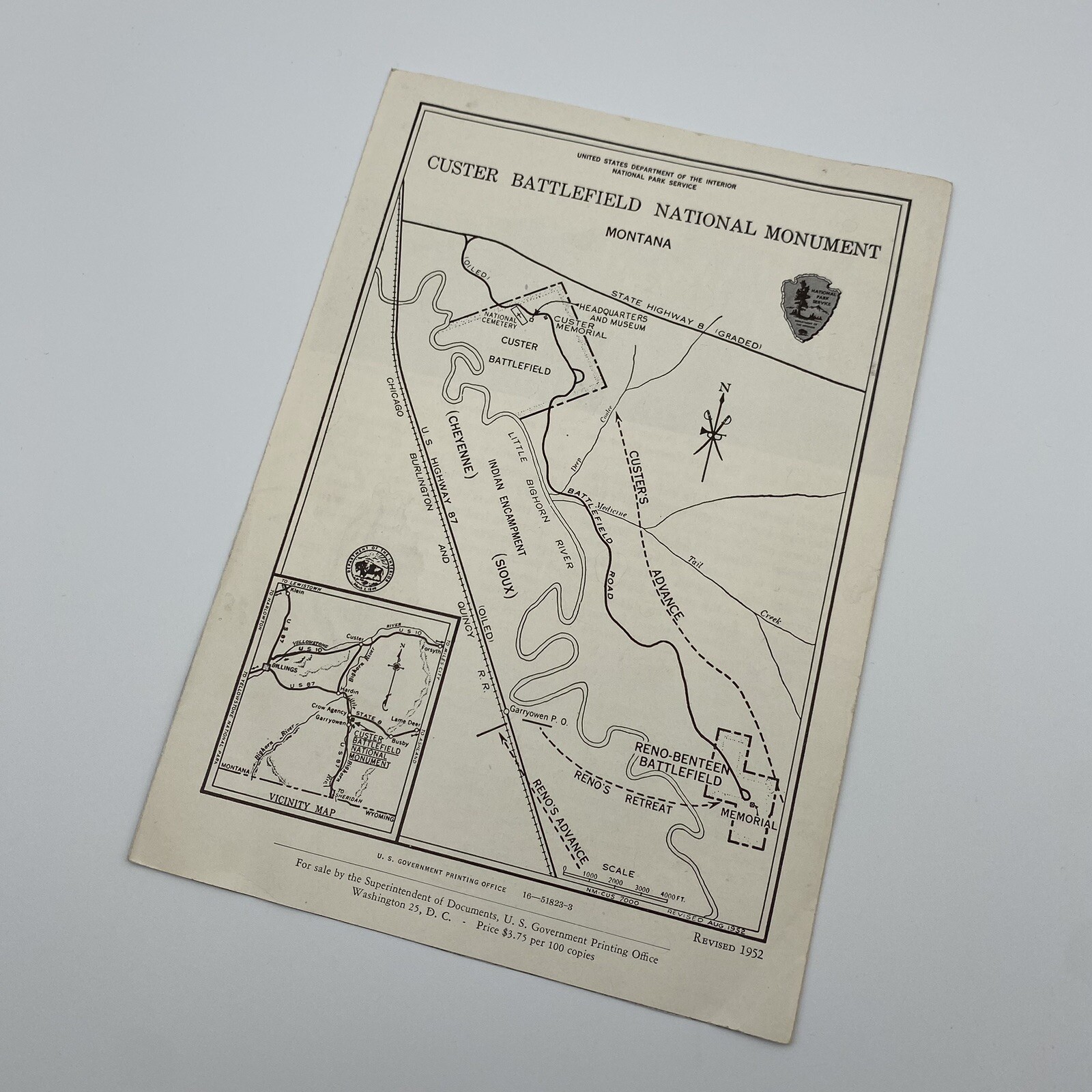 Custer Battlefield National Monument Montana Revised 1952 Tri-Fold Brochure