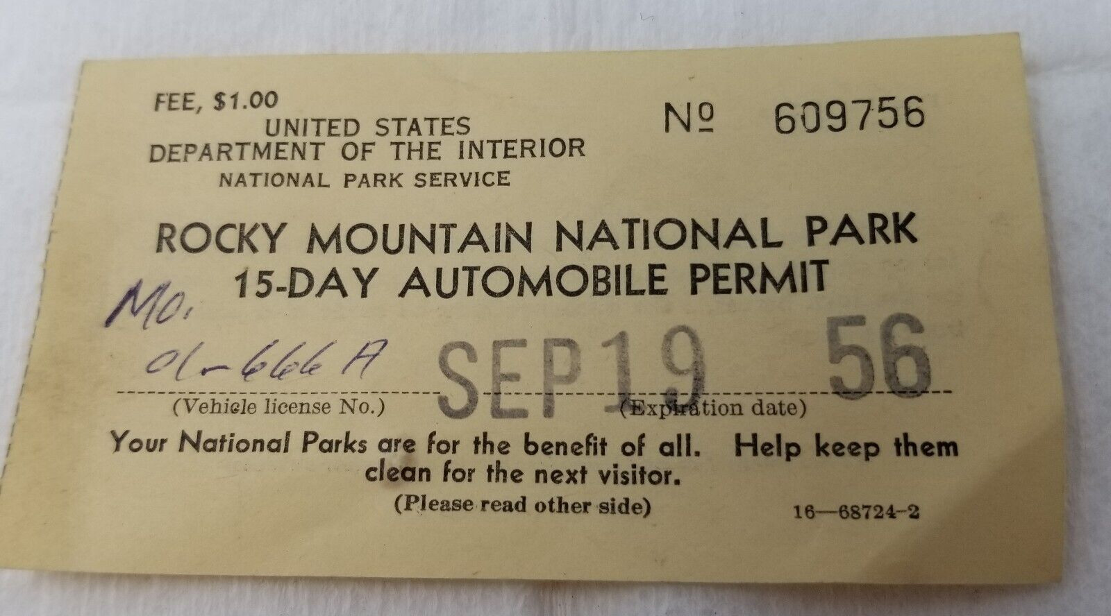 Rocky Mountain National Park 1956 15 Day Automobile Permit September