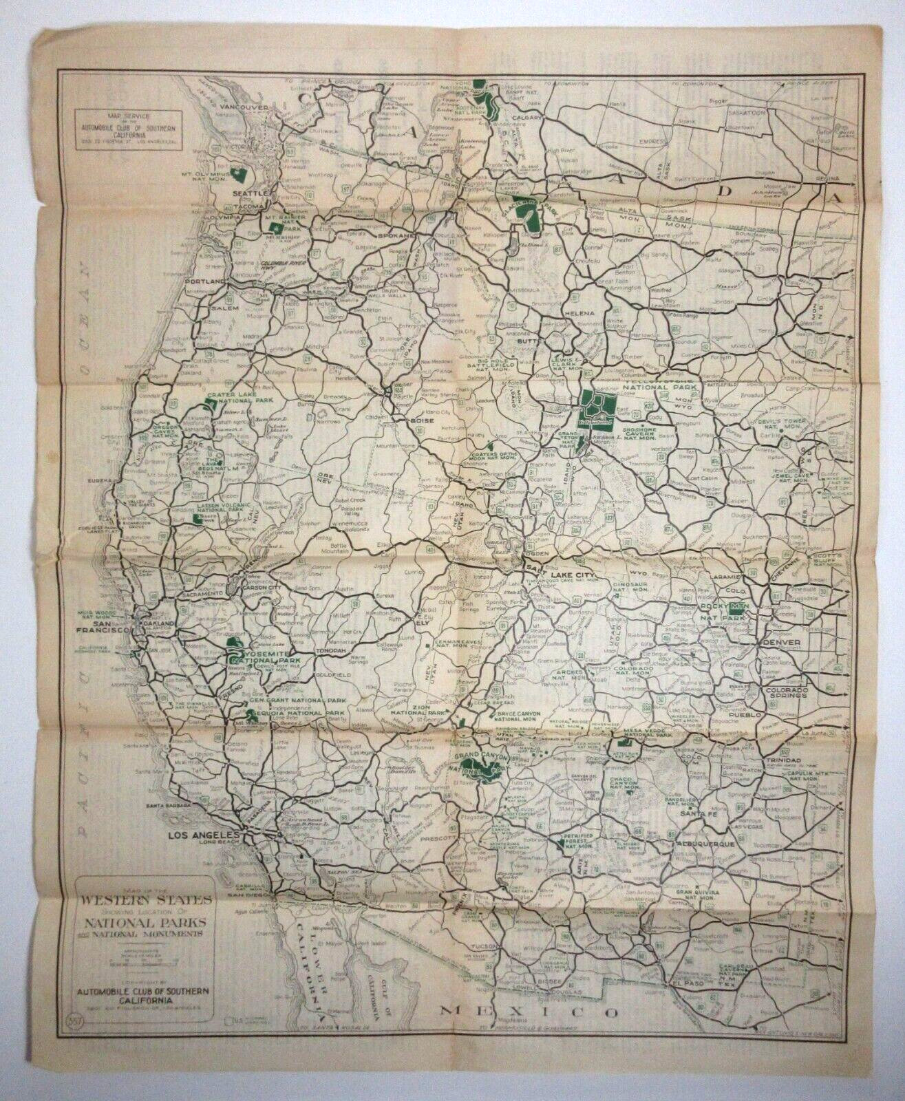 Vintage Yosemite Yellowstone Grand Canyon Map So Cal Auto Club Los Angeles 1930s
