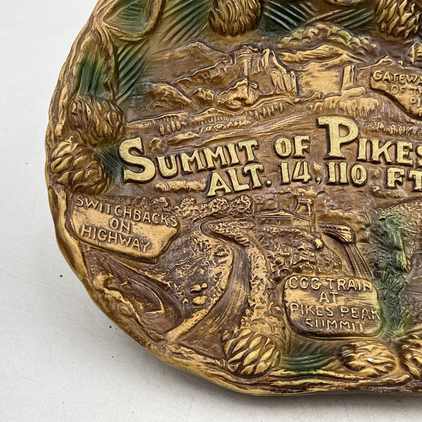 Vintage Pikes Peak Region Souvenir Faux Wood Bowl Plate Wall Hanging