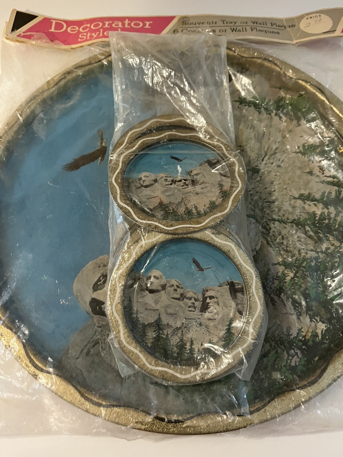 Vtg Mount Rushmore Metal Tin Collector Souvenir Plate Tray 11” & Coasters