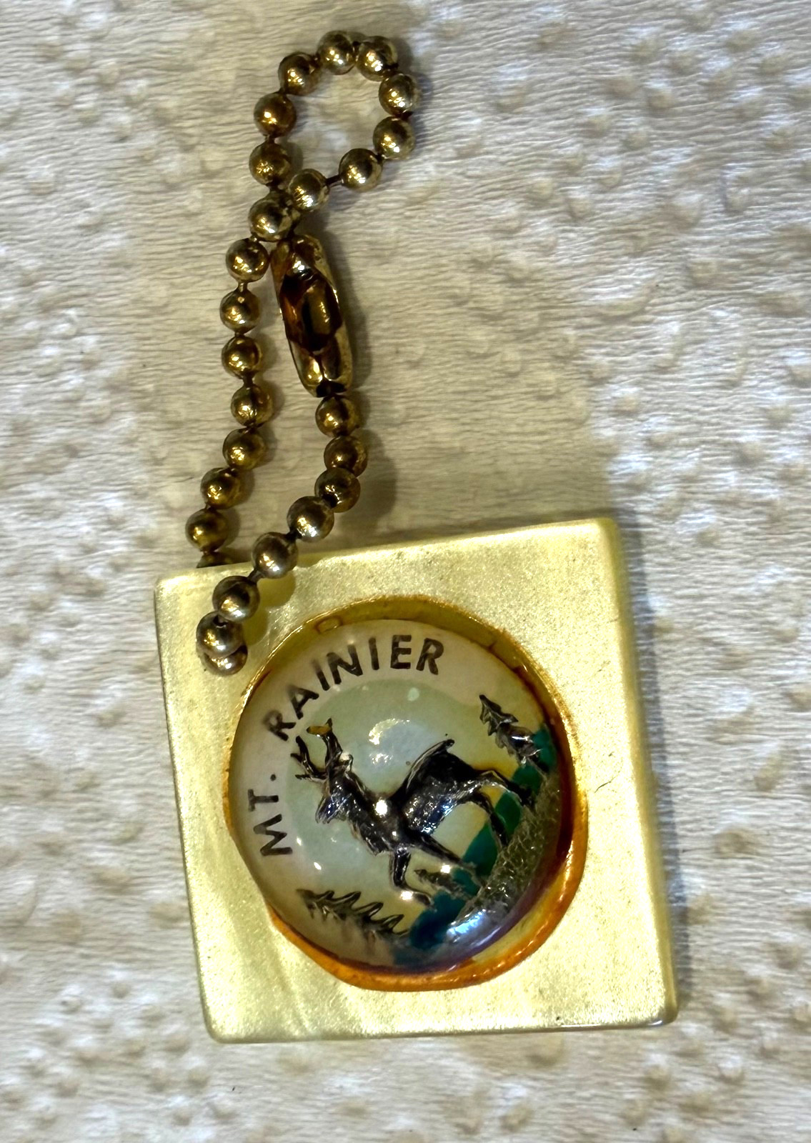 Mt. Rainier National Park Keychain with Deer on Plastic Square Vintage