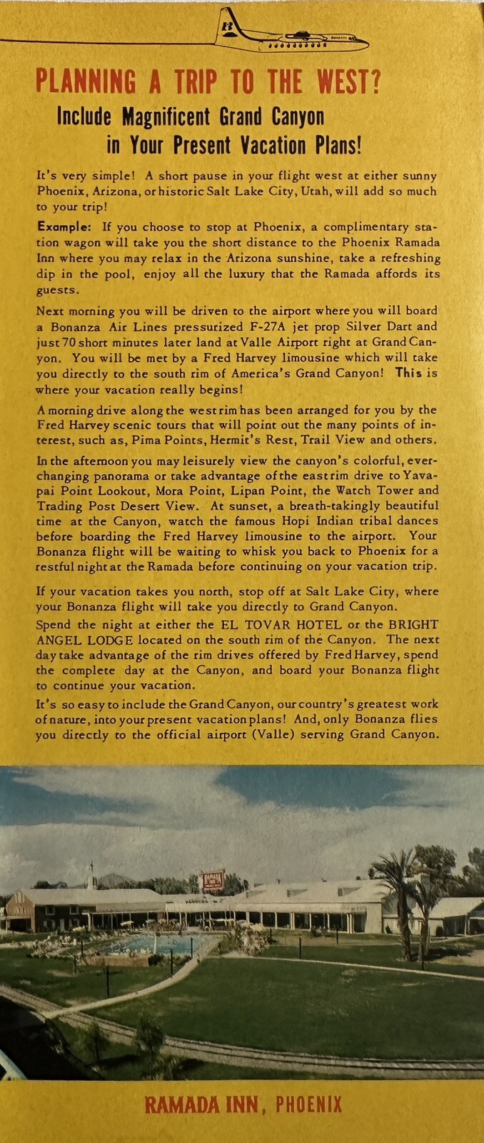 1963 Grand Canyon National Souvenir Travel Brochure American & Bonanza Airlines